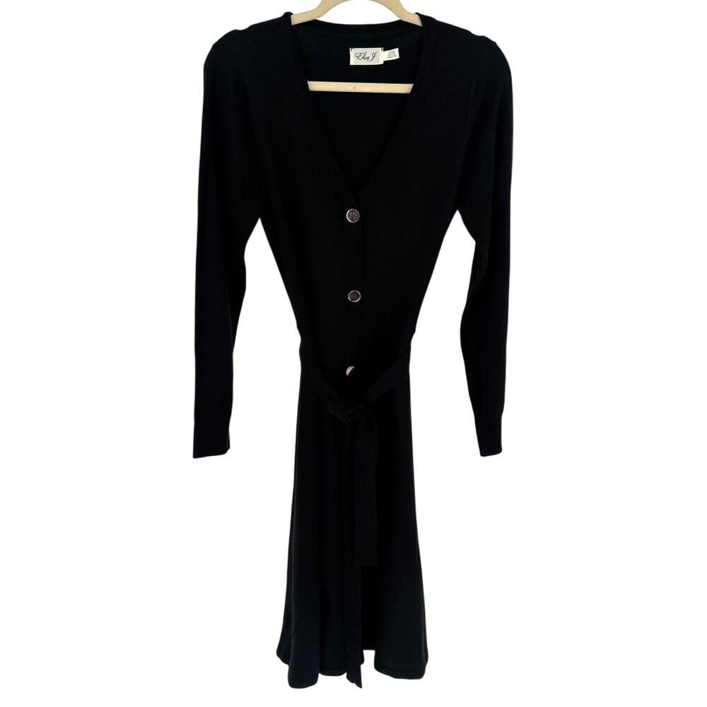 Eliza J Black Sweater Dress Gold Buttons Knee Length V Neck Winter Office Size M